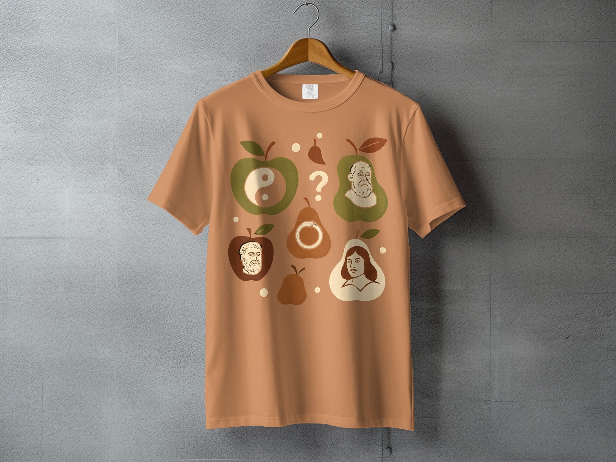 Ancient Philosophers Fruit Icons Yin Yang Question Art Product Type
Philosopher, Thinker, Philosophy, Socrates, Descartes, Yin Yang, Apple Design, Pear Design, Fruit Art, Intellectual Art, Wisdom Design, Unique Graphic, Abstract Print, Symbolic Art, Mindful Design, Question Mark Art, Conceptual Design, Artistic Shirt, Creative Graphic, Historical Figure