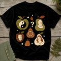 Black t-shirt featuring stylized portraits of historical figures within fruit shapes.