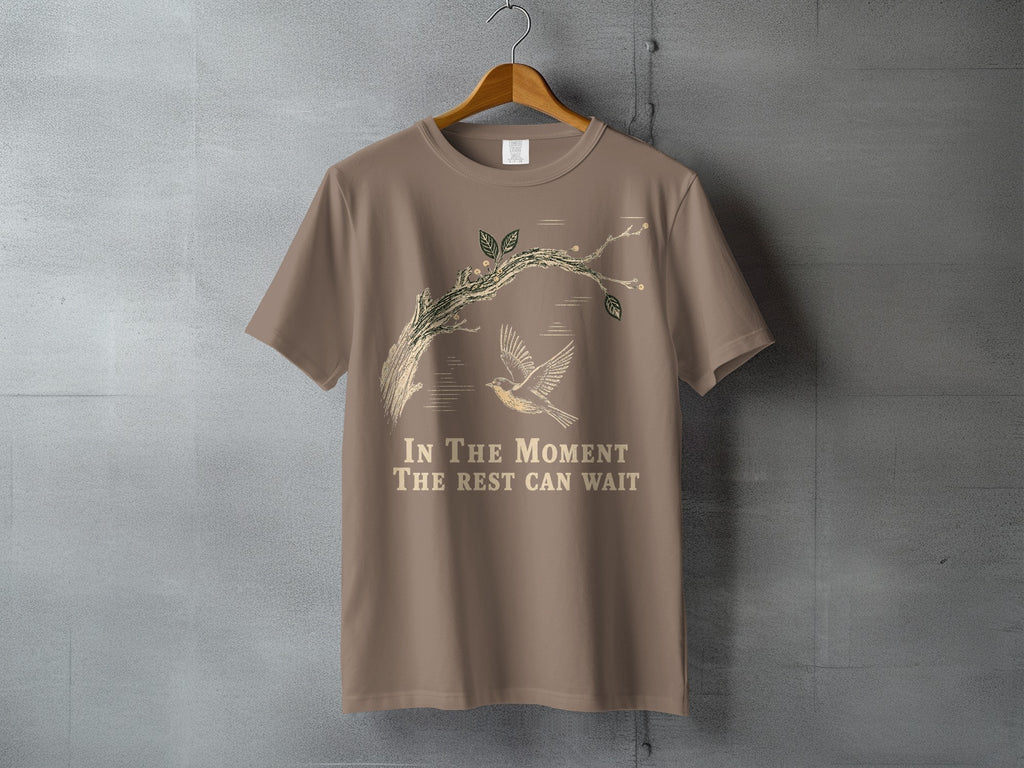 Taupe t-shirt with a bird and branch graphic and text "In The Moment The Rest Can Wait".