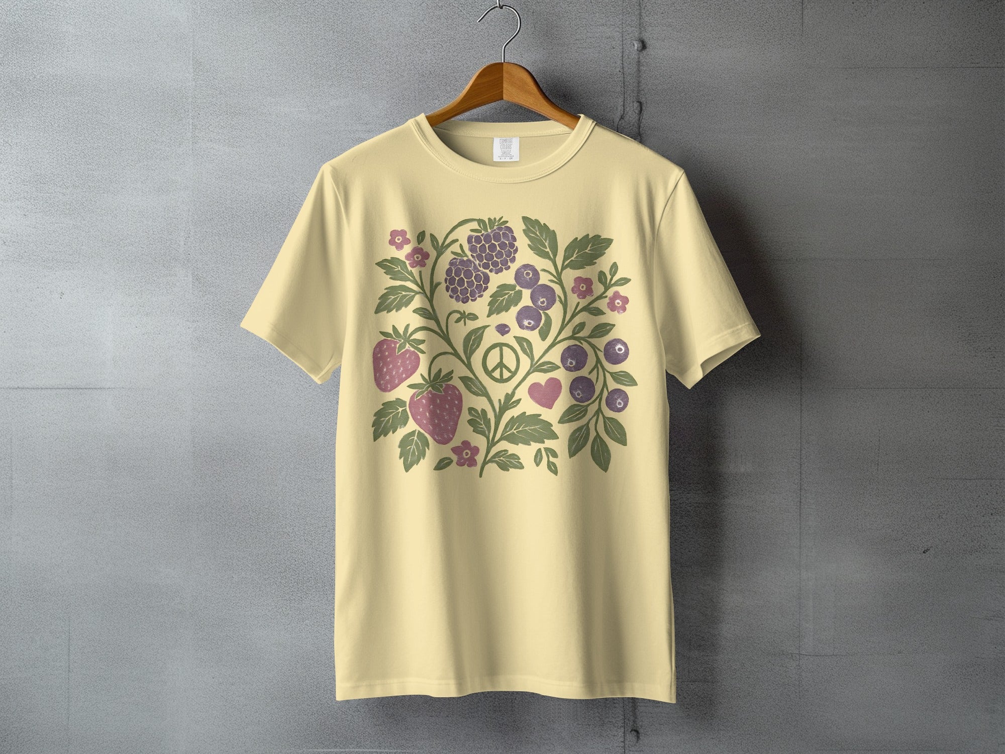 Berries Leaves Flowers Peace Sign Heart Design product type
Berry Design
Strawberry Art
Blueberry Graphic
Blackberry Print
Fruit Pattern
Floral Illustration
Leafy Design
Peace Symbol
Heart Motif
Nature Inspired
Botanical Art
Summer Vibes
Hippie Style
Boho Chic
Graphic Tee
Casual Shirt
T-shirt Print
Cream Tee
Purple Berries
Green Leaves