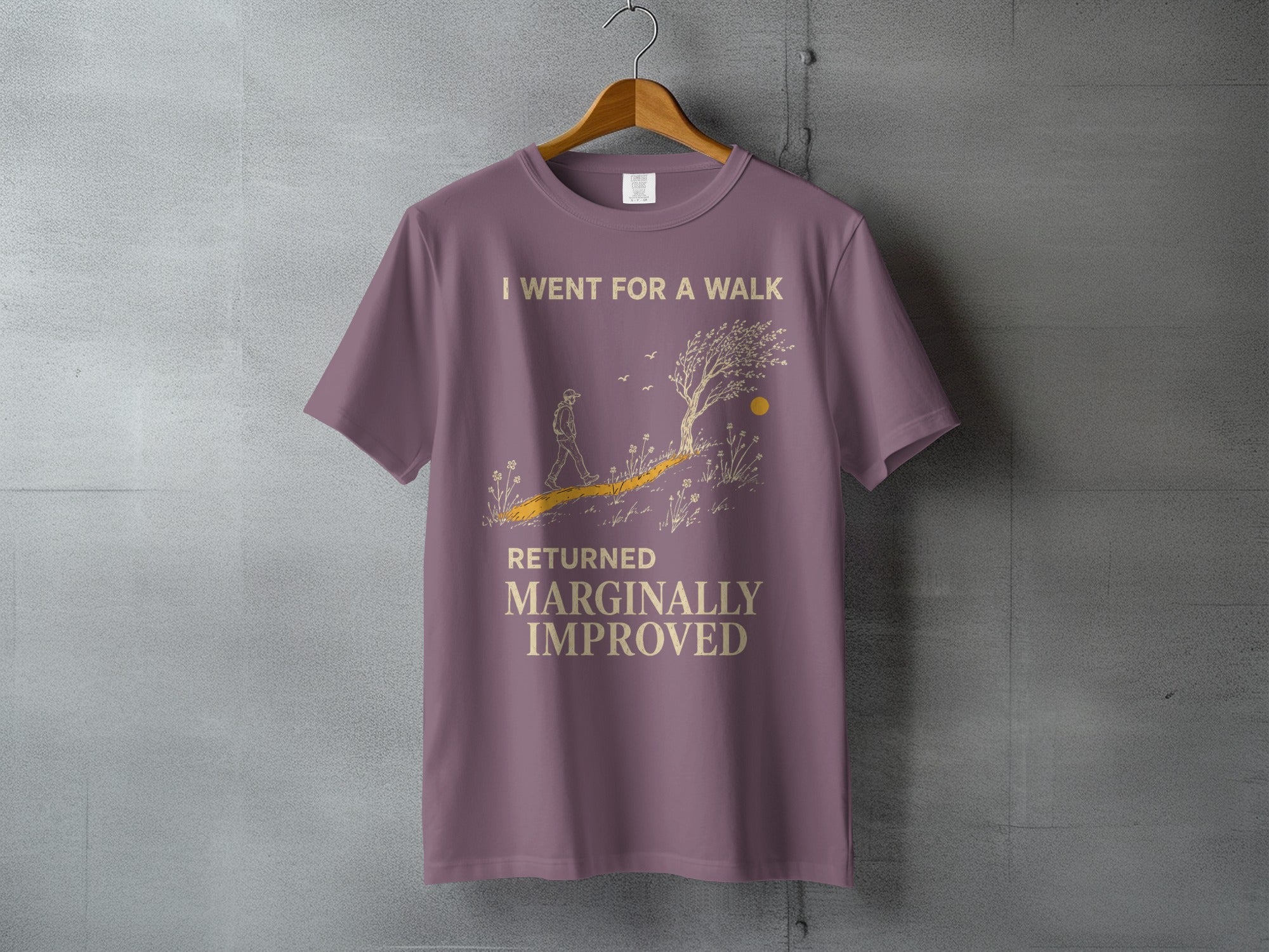 Purple t-shirt with "I went for a walk returned marginally improved" text and graphic.