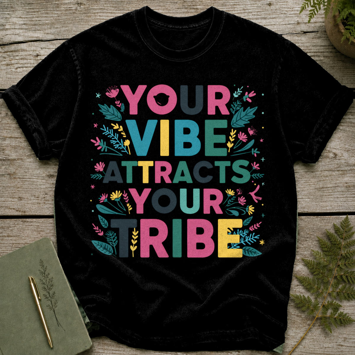 Black t-shirt with colorful text "YOUR VIBE ATTRACTS YOUR TRIBE" and floral accents.