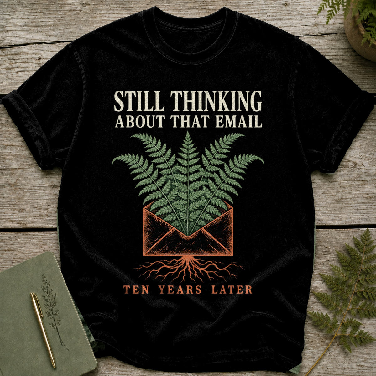 Black t-shirt with text "STILL THINKING ABOUT THAT EMAIL TEN YEARS LATER".