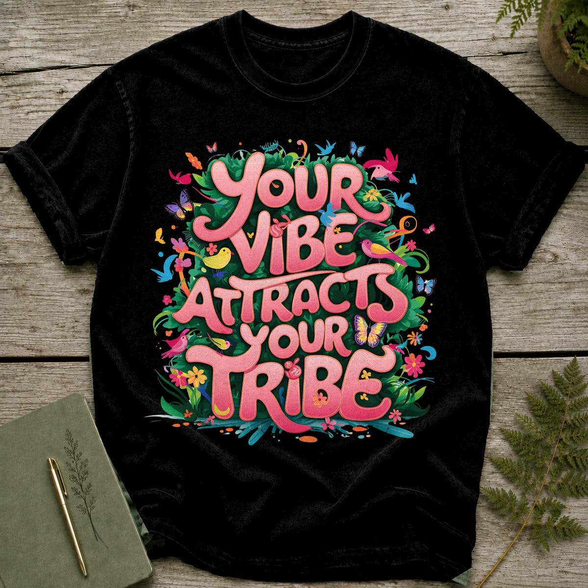 Black t-shirt with "Your Vibe Attracts Your Tribe" text, surrounded by colorful flowers, birds, and butterflies.