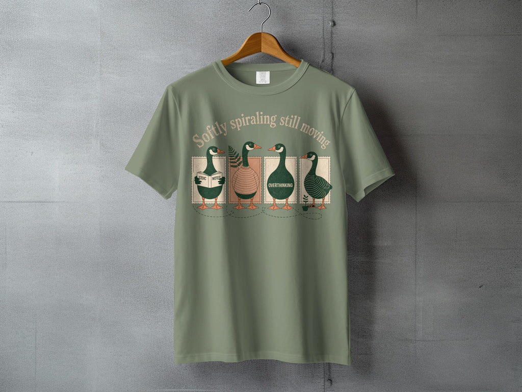 T-shirt with four ducks in a row, reading, with text "softly spiraling still moving".