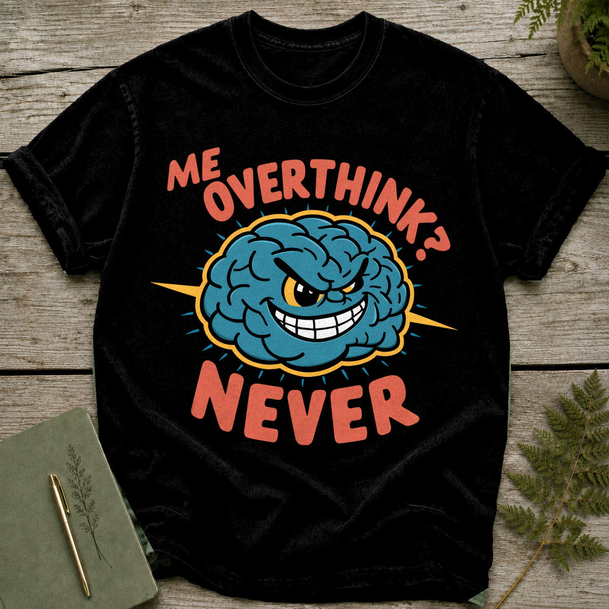 Black t-shirt with text "ME OVERTHINK? NEVER" and a cartoon brain.