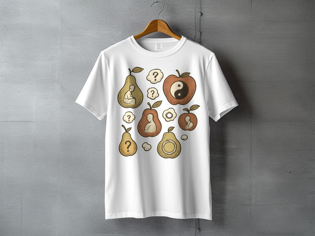 Philosophical Fruit Design Meditation Question Marks Apple Pear product type
Fruit design
Yin Yang art
Question mark
Apple graphic
Pear illustration
Philosophical tee
Meditation apparel
Spiritual clothing
Nature inspired
Abstract fruit
Unique design
Zen symbol
Duality concept
Inner self art
Thought provoking
Artistic print
Graphic tee
Boho style
Mystical imagery
Creative expression