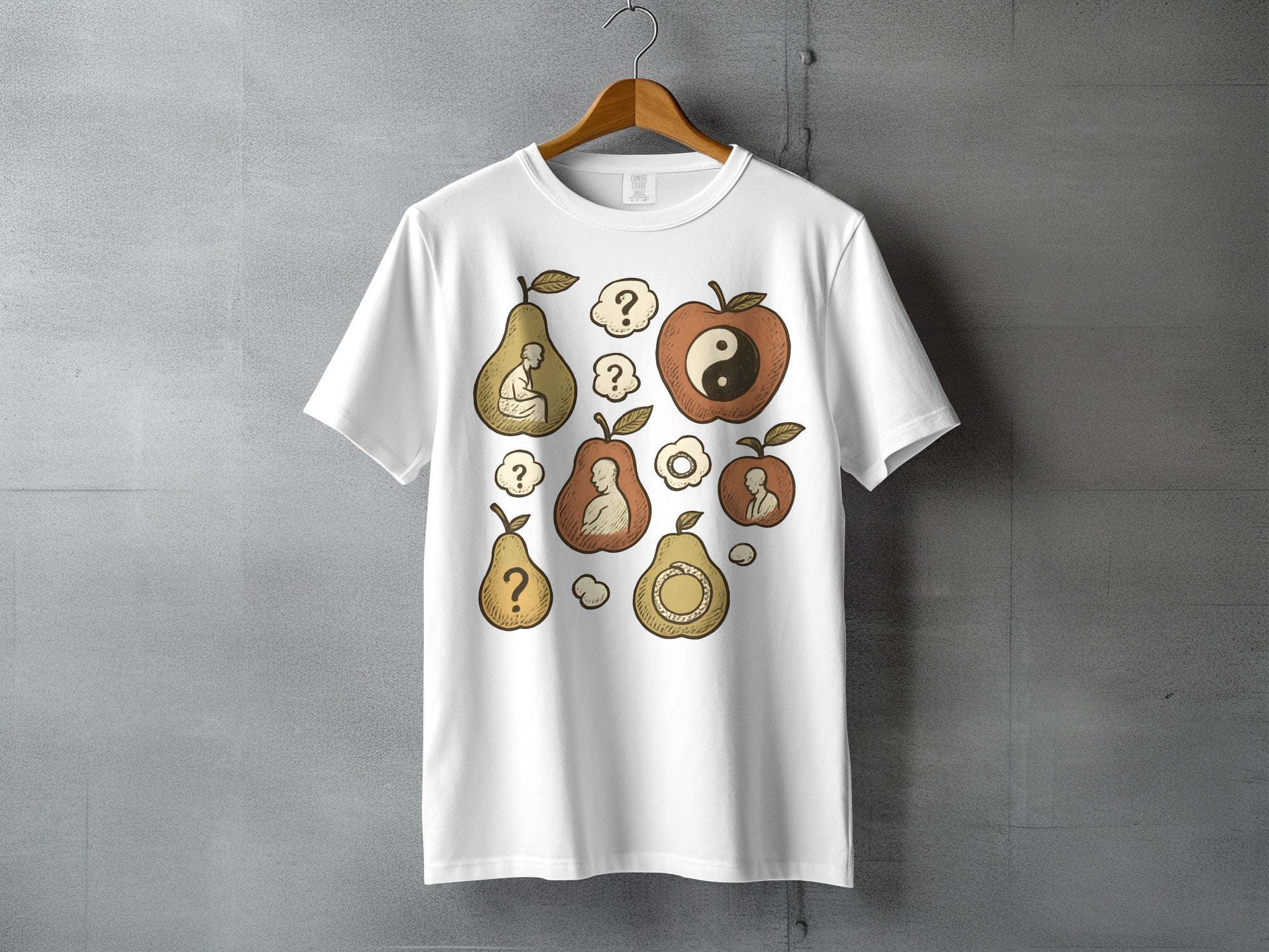 Philosophical Fruit Design Meditation Question Marks Apple Pear product type
Fruit design
Yin Yang art
Question mark
Apple graphic
Pear illustration
Philosophical tee
Meditation apparel
Spiritual clothing
Nature inspired
Abstract fruit
Unique design
Zen symbol
Duality concept
Inner self art
Thought provoking
Artistic print
Graphic tee
Boho style
Mystical imagery
Creative expression