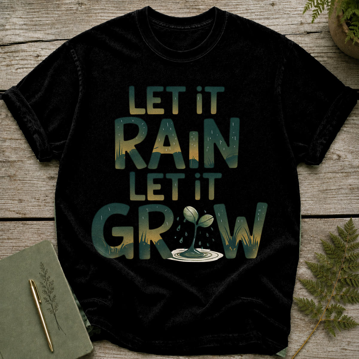 Black t-shirt with "Let it Rain, Let it Grow" text and seedling graphic.