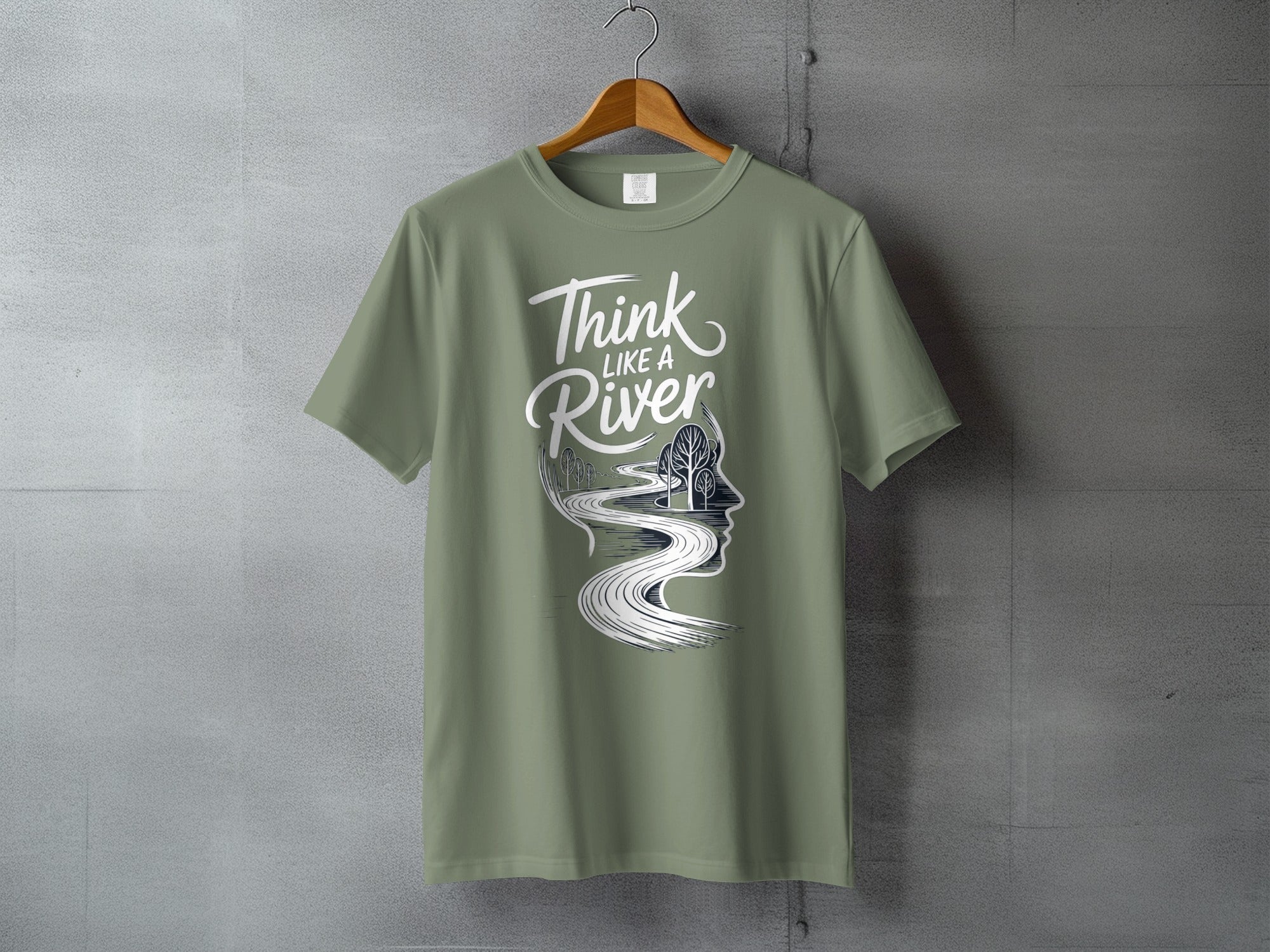 Think LIKE A River artistic head river design product type
Think Like A River, River Graphic, Head Silhouette, Nature Design, Tree Illustration, Winding Path, Inspirational Tee, Mindset Apparel, Flow Concept, Artistic Design, Olive Green, Sage Color, Unique Product, Symbolic Clothing, Graphic Top, Mens T-shirt, Womens T-shirt, Thought Provoking, River Art, Creative Design