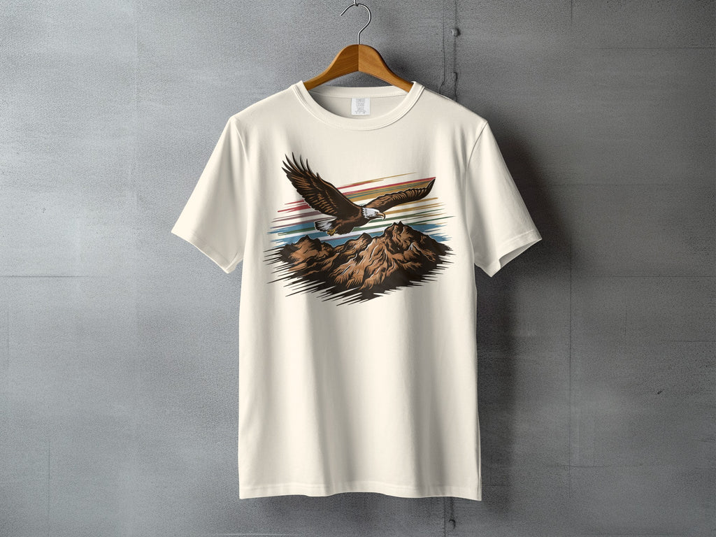 Eagle Flying Mountain Striped Sky Graphic T-shirt product type
Eagle, Mountain, Flying, Bird, Wildlife, Graphic, Retro, Vintage, Nature, Landscape, Adventure, Outdoor, Horizon, Striped, Majestic, Animal, T-shirt, Cream, Apparel, Design