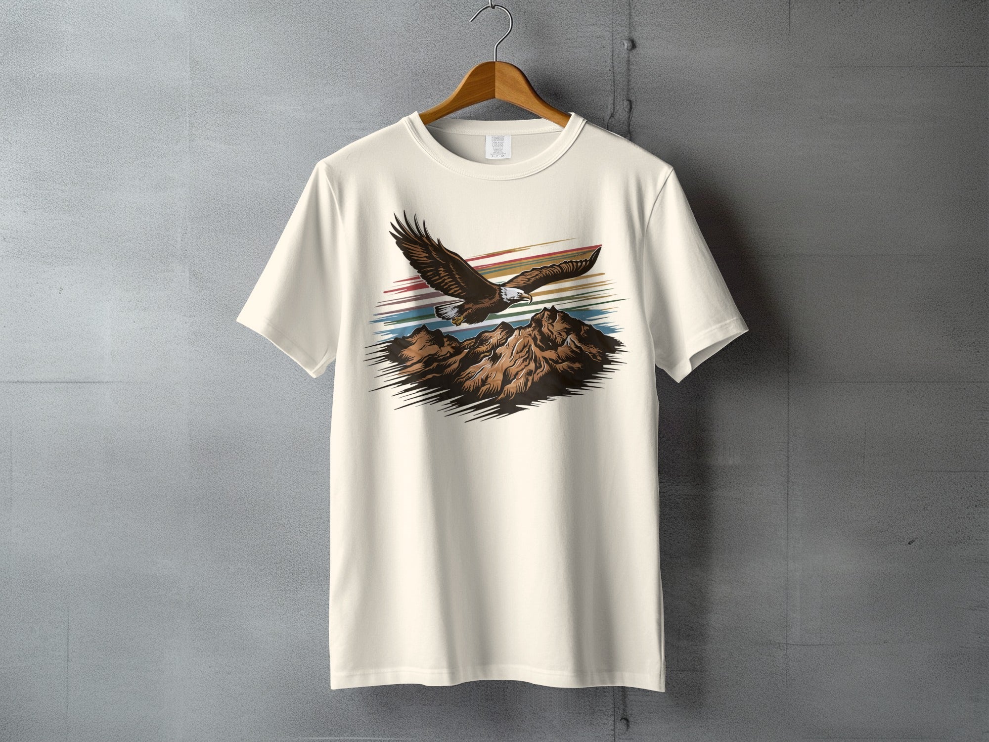 Eagle Flying Mountain Striped Sky Graphic T-shirt product type
Eagle, Mountain, Flying, Bird, Wildlife, Graphic, Retro, Vintage, Nature, Landscape, Adventure, Outdoor, Horizon, Striped, Majestic, Animal, T-shirt, Cream, Apparel, Design