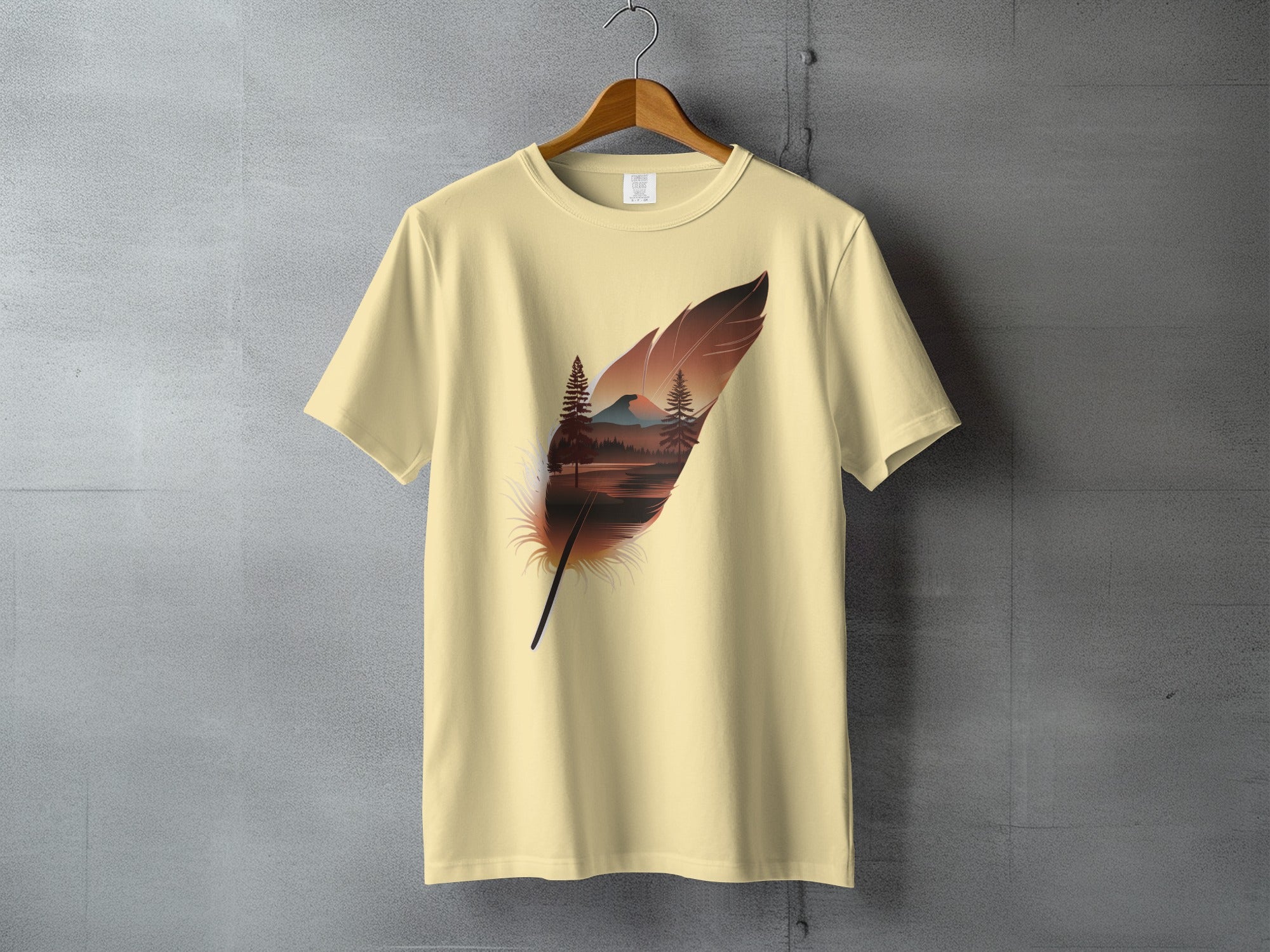 Majestic Feather Mountain Lake Sunset Scene product type
Feather
Mountain
Lake
Nature
Landscape
Sunset
Trees
Scenic
Outdoors
Pine Trees
Graphic Tee
T-shirt
Apparel
Unique Design
Artistic Print
Wilderness
Tranquil Scene
Yellow Shirt
Brown Feather
Adventure Vibe