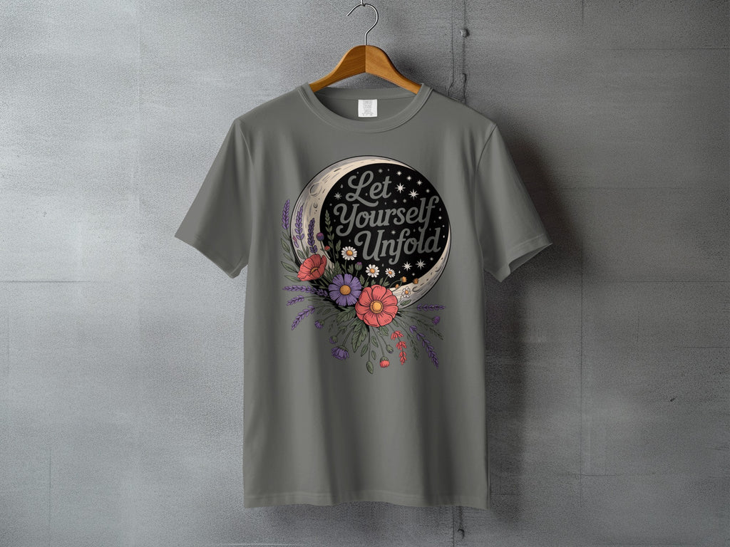 Let Yourself Unfold Moon Flowers Celestial Stars product type
Let Yourself Unfold
Crescent Moon Design
Floral Graphic
Celestial Art
Stars Motif
Lavender Flowers
Poppy Bloom
Daisy Pattern
Nature Inspired
Inspirational Quote
Positive Message
Boho Style
Spiritual Theme
Garden Print
Mystical Artwork
Grey Shirt
Unique Apparel
Graphic Design
Fashion Tee
Artistic Clothing