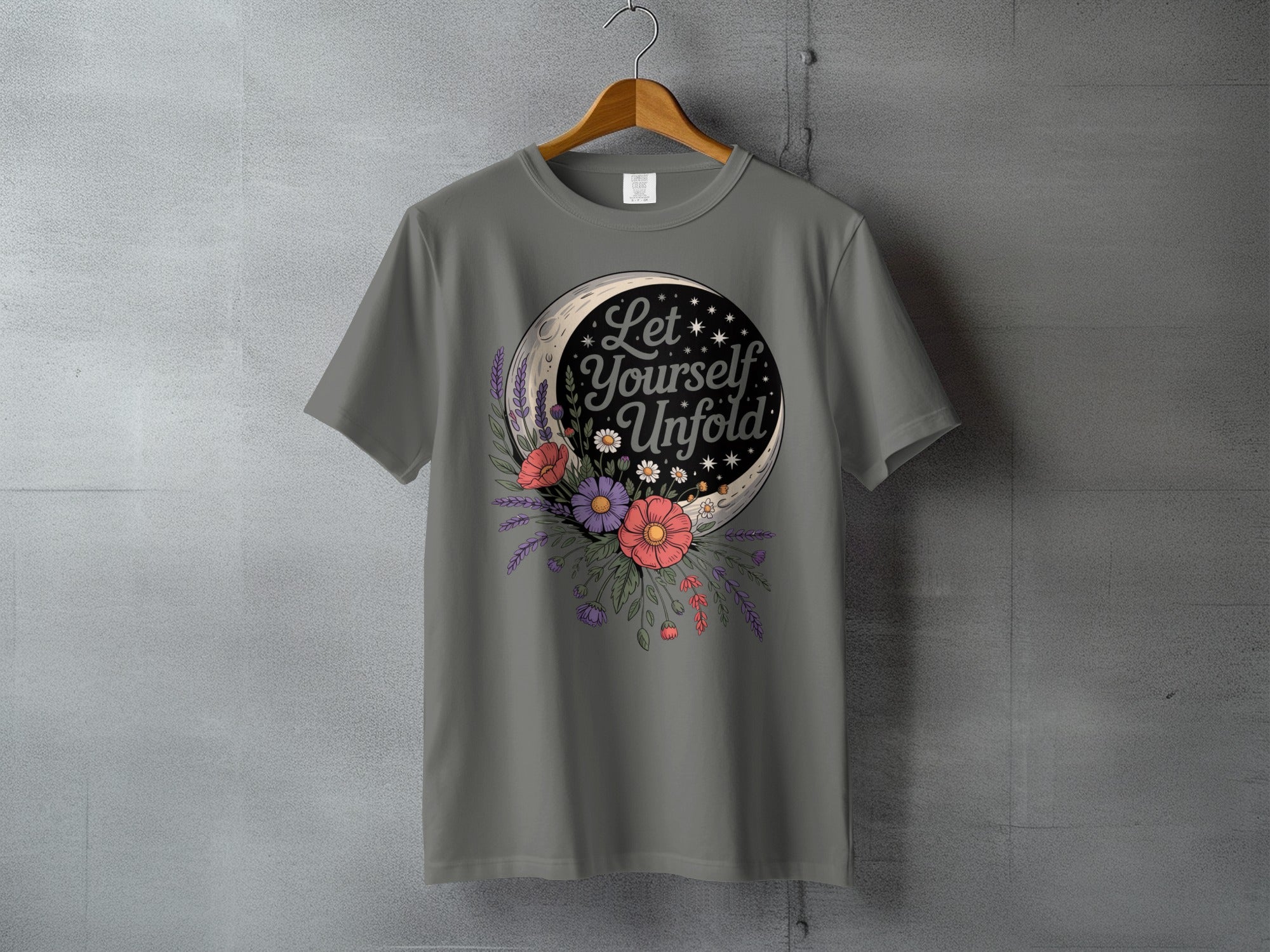 Let Yourself Unfold Moon Flowers Celestial Stars product type
Let Yourself Unfold
Crescent Moon Design
Floral Graphic
Celestial Art
Stars Motif
Lavender Flowers
Poppy Bloom
Daisy Pattern
Nature Inspired
Inspirational Quote
Positive Message
Boho Style
Spiritual Theme
Garden Print
Mystical Artwork
Grey Shirt
Unique Apparel
Graphic Design
Fashion Tee
Artistic Clothing