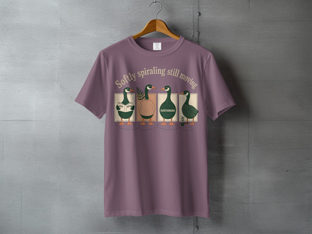 Four cartoon geese wearing vests stand on a line, t-shirt graphic.