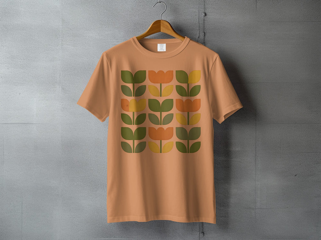 Mid Century Modern Tulip Pattern Design Peach product type
Peach t-shirt
Mid Century Modern
Retro design
Tulip pattern
Floral print
Orange flowers
Green leaves
Yellow accents
Geometric floral
Botanical pattern
Vintage inspired
Aesthetic shirt
Unique graphic tee
Earth tone palette
Abstract floral
Nature motif
Summer shirt
Boho style
Comfort tee
Pop art floral