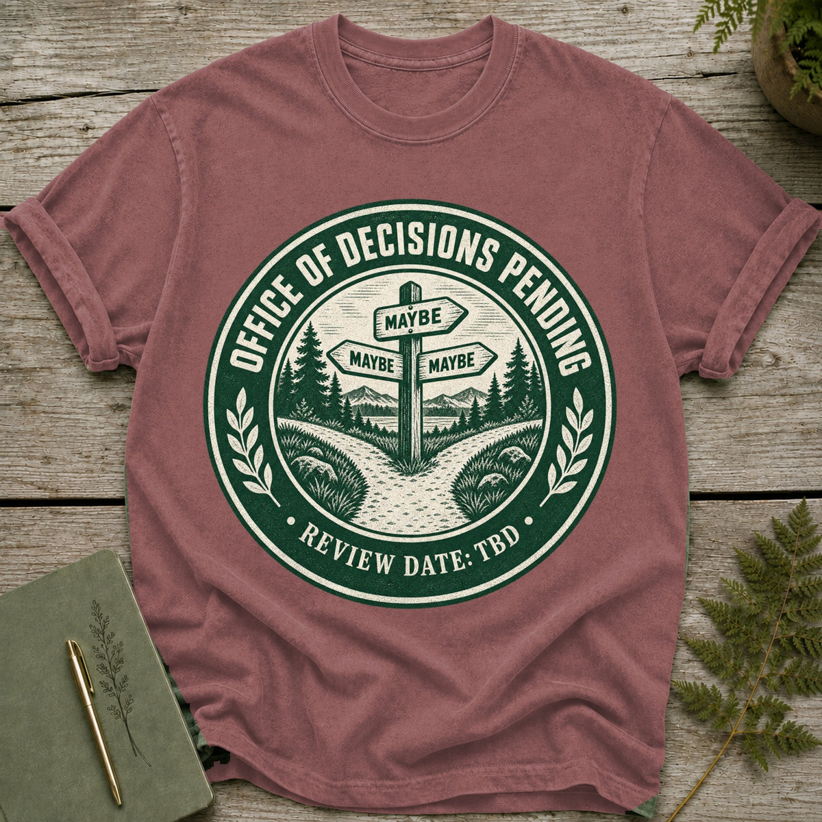 T-shirt with circular graphic showing a crossroads with "Maybe" signs and text "Office of Decisions Pending".