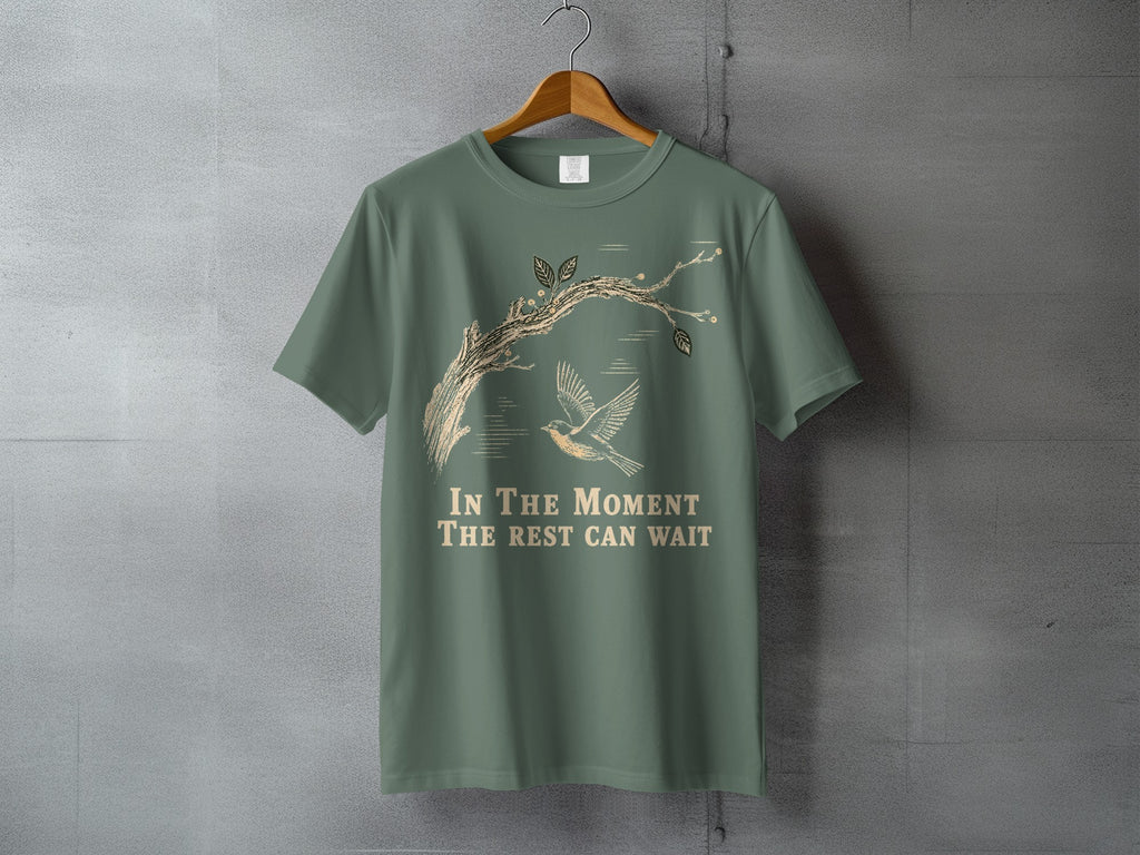 Green t-shirt with a drawing of a bird on a branch and text.