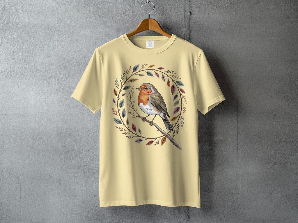 Light Yellow Robin Bird Branch Leaf Wreath T-shirt product type