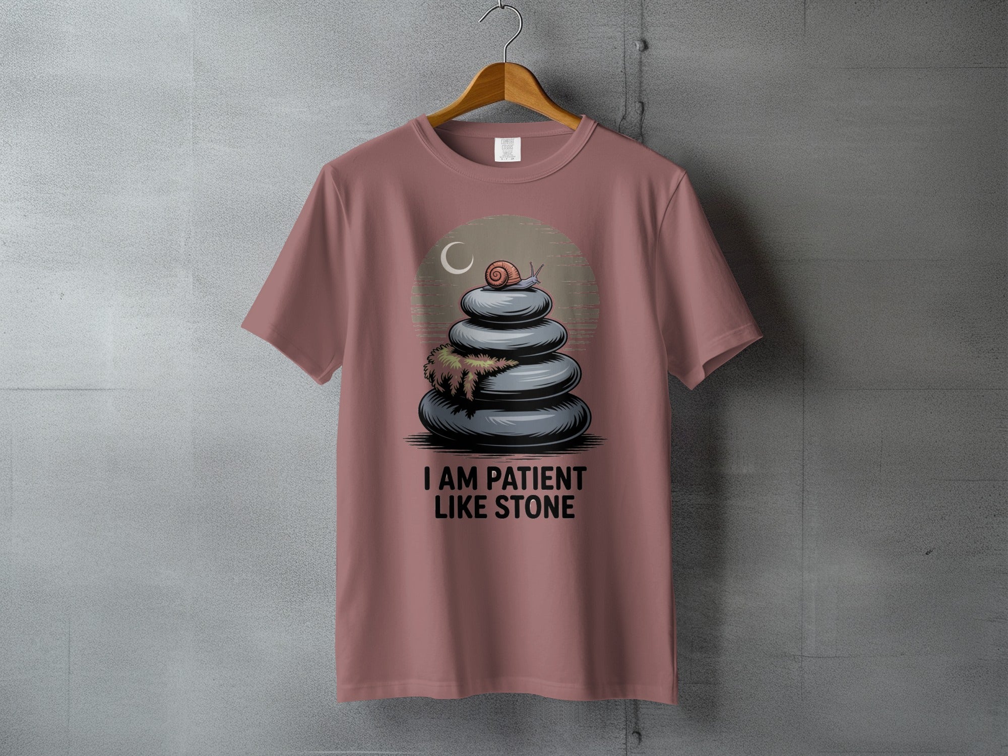 I AM PATIENT LIKE STONE Snail Zen Stones product type
Snail, Patience, Stone stack, Zen design, Meditation art, Calm spirit, Inspirational quote, Graphic shirt, Unique tee, Nature inspired, Animal graphic, Cairn art, Serenity message, Mindful apparel, Slow life, Dusty rose, Earth tone, Patience like stone, Spiritual graphic, Relaxed vibe