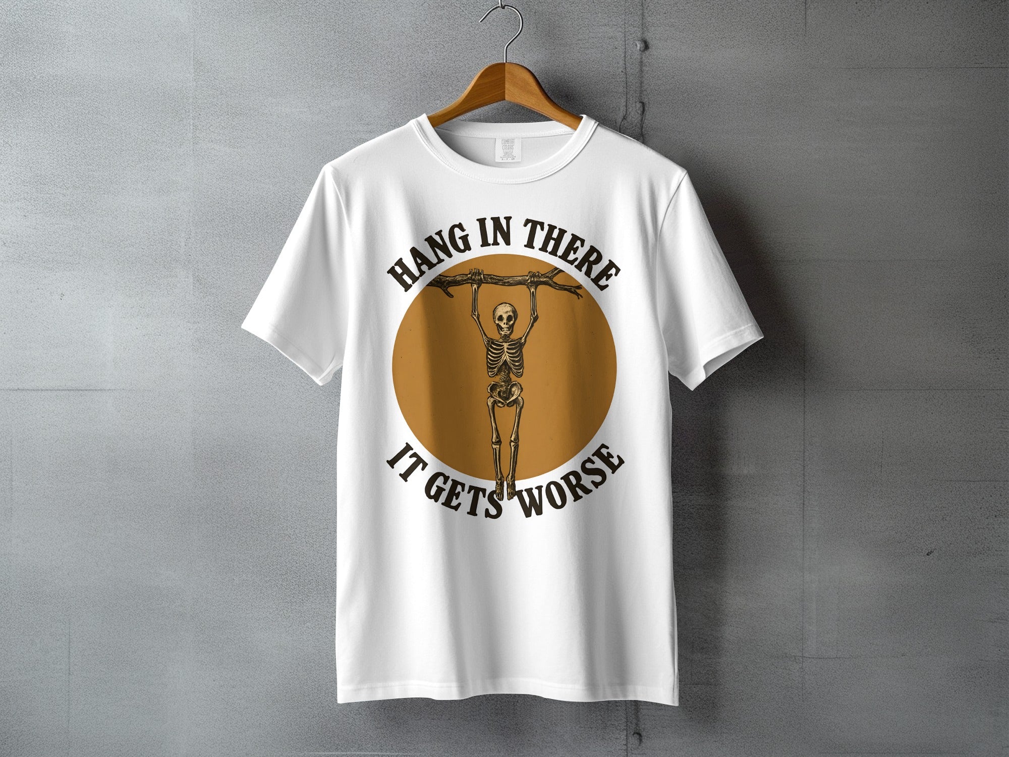 Hang In There It Gets Worse Skeleton Humor T-shirt product type
Skeleton Humorous Dark Humor Sarcastic Funny Hang In There It Gets Worse Graphic Tee Apparel Clothing Unique Design White Shirt Skull Design Morbid Humor Gallows Humor Skeleton Art Statement Tee Edgy Style Goth Aesthetic Alternative Fashion