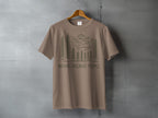 Brown t-shirt with forest and mountain graphic and text "NATURE. BECAUSE PEOPLE."