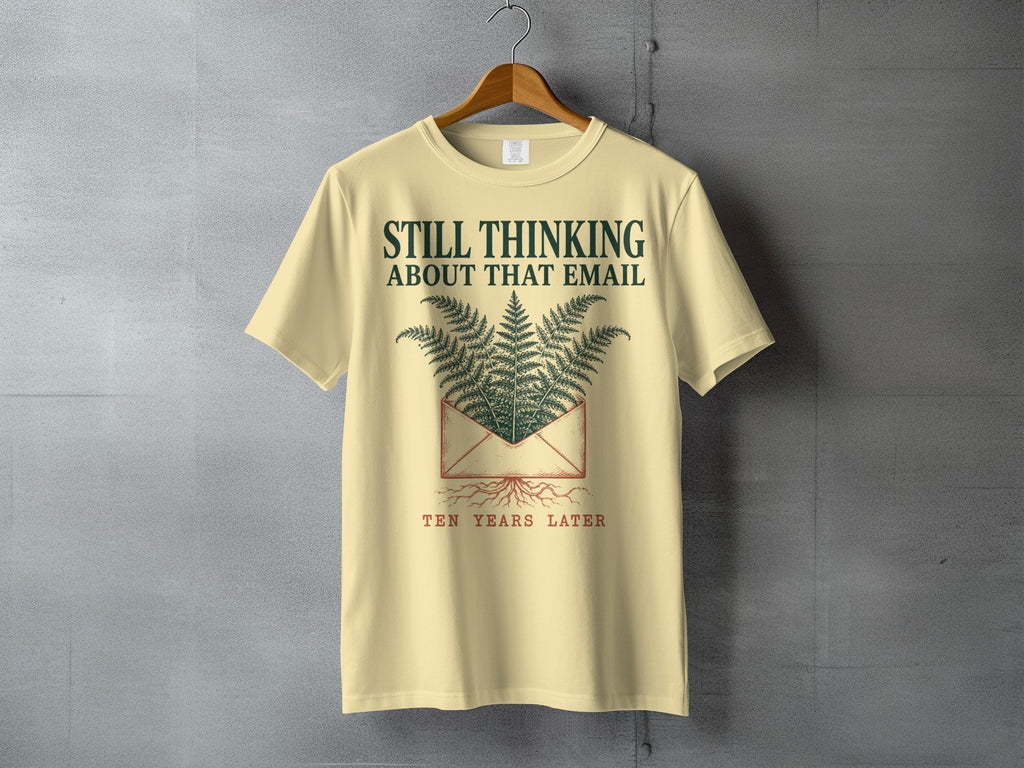 Light yellow t-shirt with "Still Thinking About That Email" and ferns.