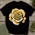 Black t-shirt with a large, stylized yellow rose graphic on the front.
