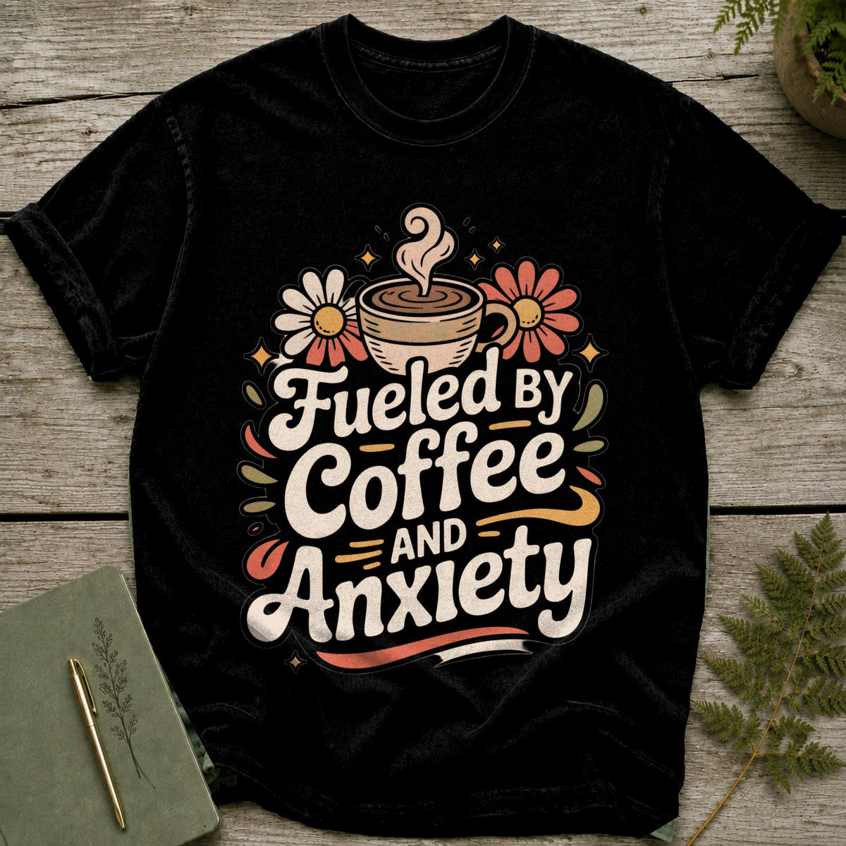 Black t-shirt with "Fueled by Coffee and Anxiety" text and floral design.