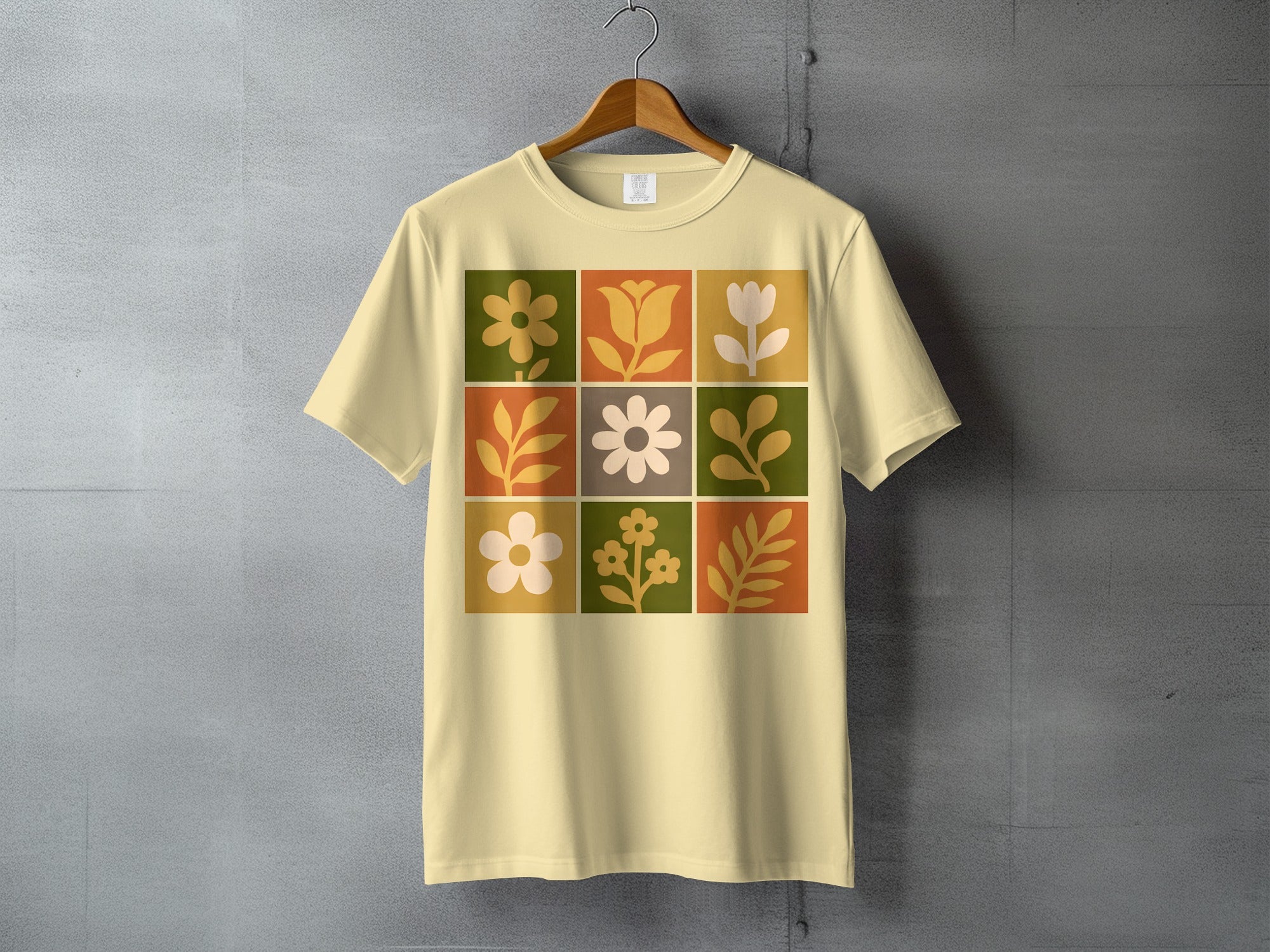 Retro Floral Block Pattern Earth Tones T Shirt product type