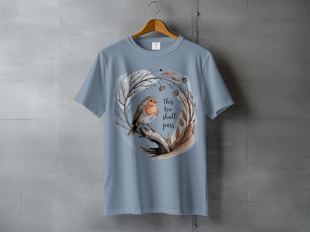 Light blue robin bird 'this too shall pass' t-shirt product type