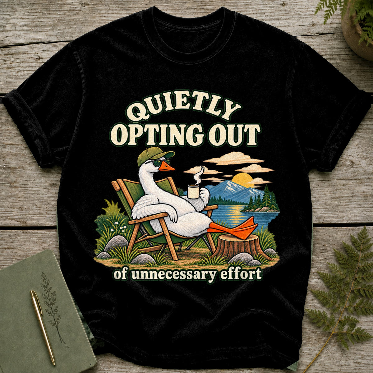 Goose relaxing in a chair by a lake, text reads "Quietly Opting Out".