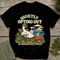 Goose relaxing in a chair by a lake, text reads "Quietly Opting Out".