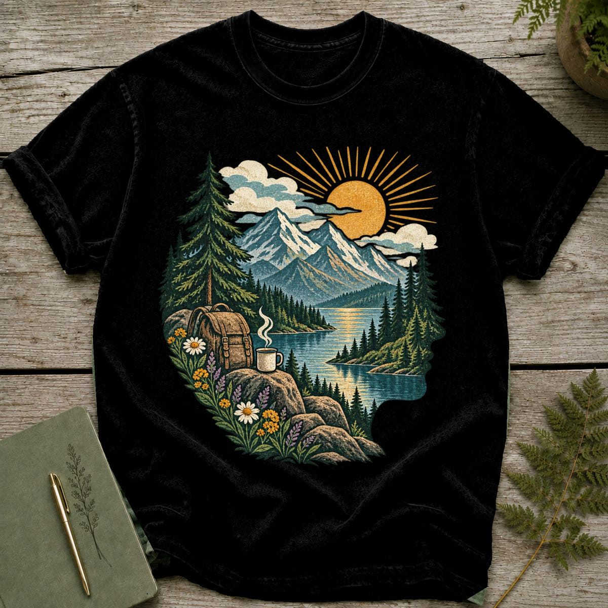 Black t-shirt with a mountain lake scene, sun, backpack, and steaming coffee mug.