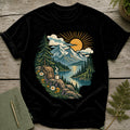 Black t-shirt with a mountain lake scene, sun, backpack, and steaming coffee mug.