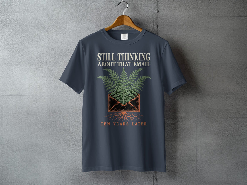 Dark grey t-shirt with text "STILL THINKING ABOUT THAT EMAIL TEN YEARS LATER".