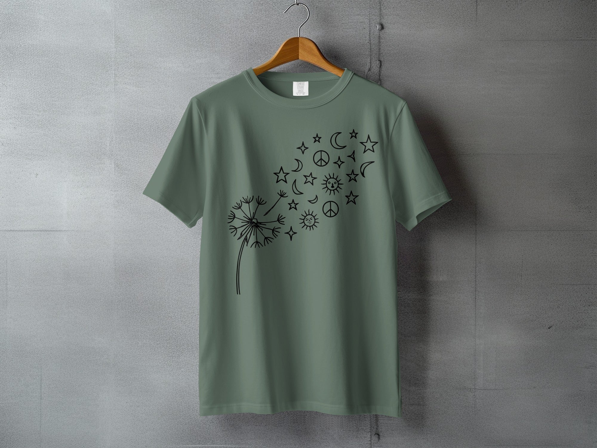 Whimsical dandelion stars moons suns peace symbols graphic t-shirt product type
