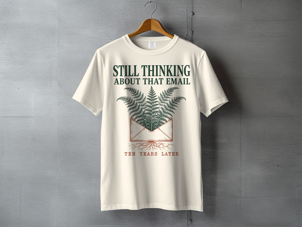 Cream t-shirt with "STILL THINKING ABOUT THAT EMAIL TEN YEARS LATER" and fern graphic.