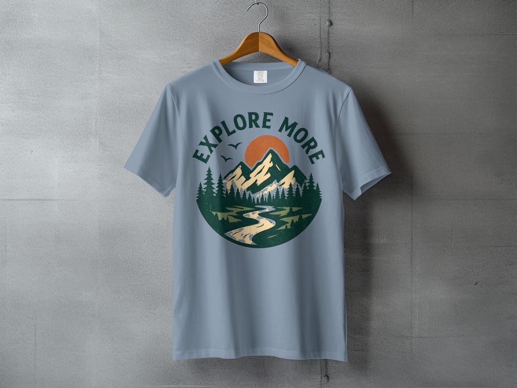 Explore More Mountain River Sun Forest Graphic T-Shirt
explore more, mountain, nature, landscape, outdoor, adventure, forest, trees, river, sun, graphic tee, scenic, hiking, camping, travel, wanderlust, wilderness, blue shirt, retro design, vintage look