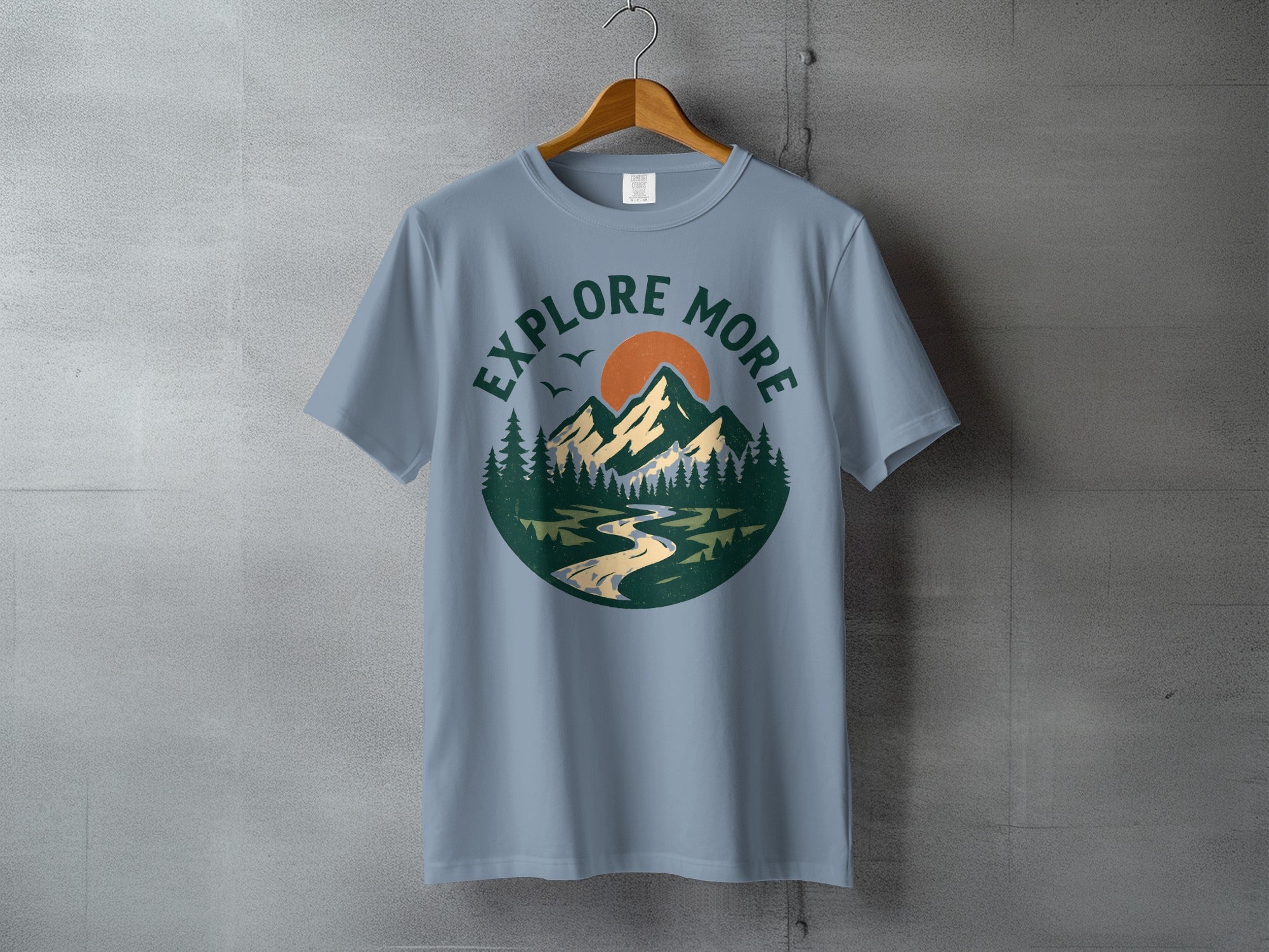 Explore More Mountain River Sun Forest Graphic T-Shirt
explore more, mountain, nature, landscape, outdoor, adventure, forest, trees, river, sun, graphic tee, scenic, hiking, camping, travel, wanderlust, wilderness, blue shirt, retro design, vintage look