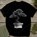 Black t-shirt featuring a monochrome watercolor bonsai tree design.