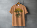 Thoughtful person giant tree roots graphic design product type