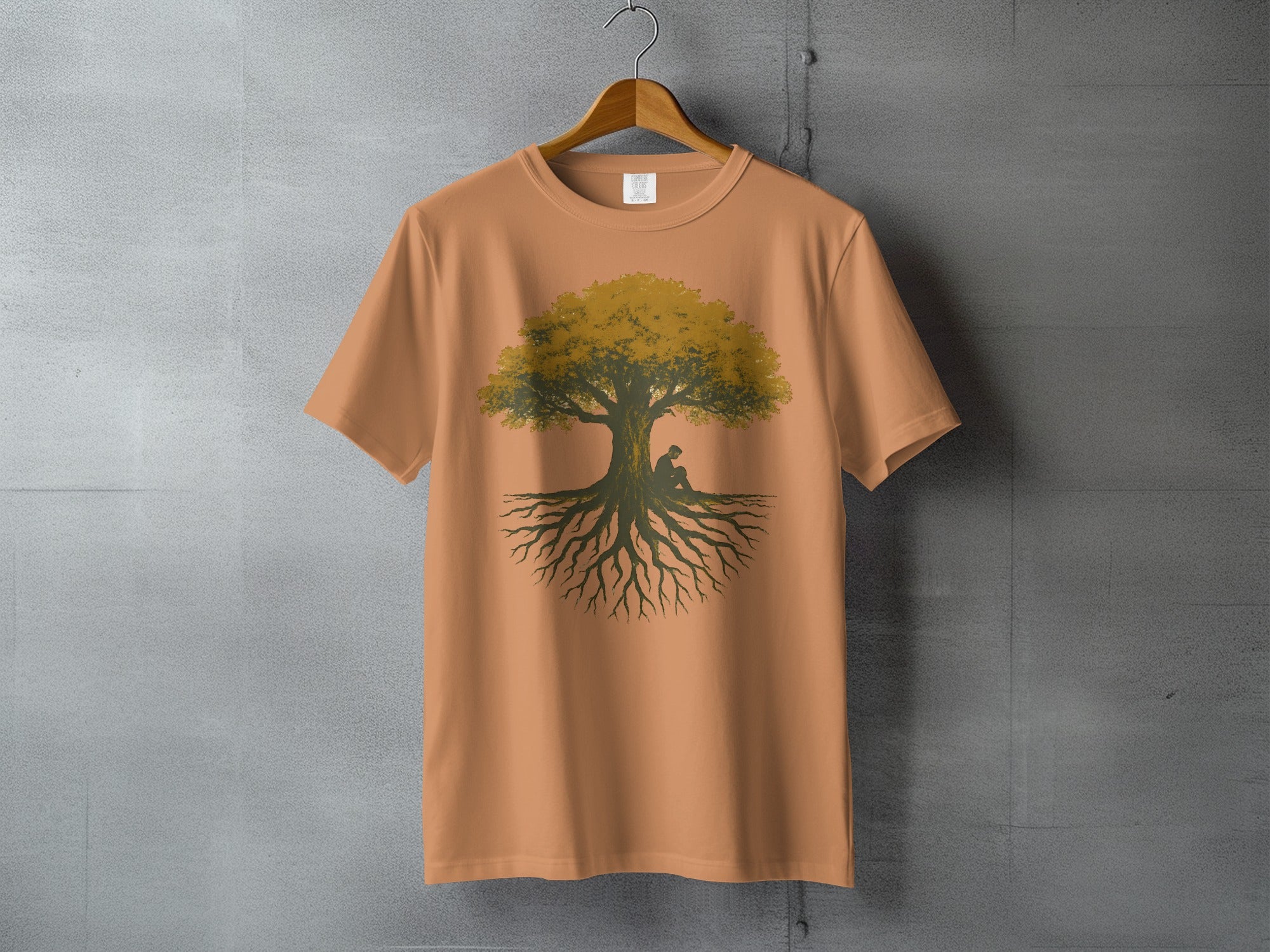 Thoughtful person giant tree roots graphic design product type