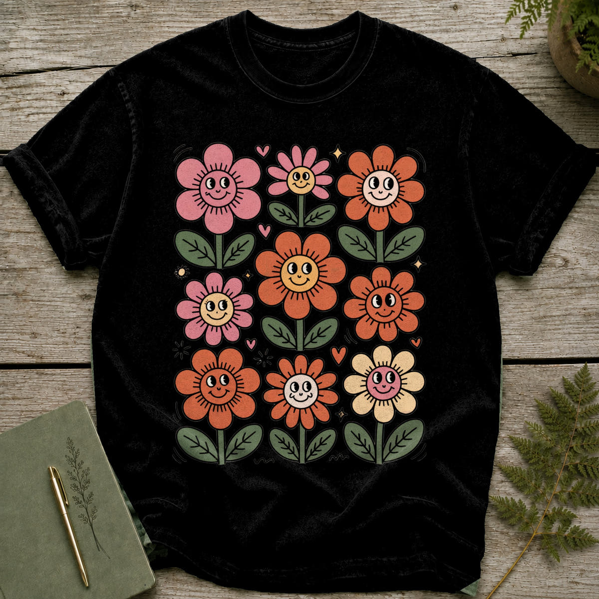 Black t-shirt with a grid of smiling, retro-style flowers in pink, orange, and yellow.