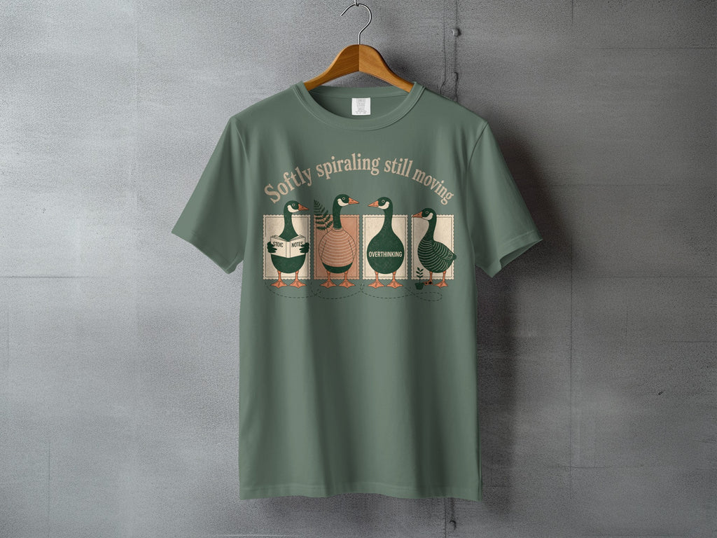 Four ducks with books labeled "music," "notes," and "overthinking" on a green t-shirt.