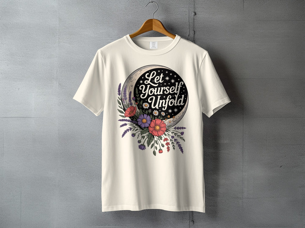 Let Yourself Unfold Moon Floral Inspirational product type
T-shirt
Graphic tee
Inspirational
Let Yourself Unfold
Moon design
Floral print
Flower art
Celestial motif
Nature theme
Bohemian style
Positive message
Lavender flowers
Daisy blooms
Starry night
Crescent moon
Empowering quote
Botanical design
Spiritual apparel
Unique gift
Self care