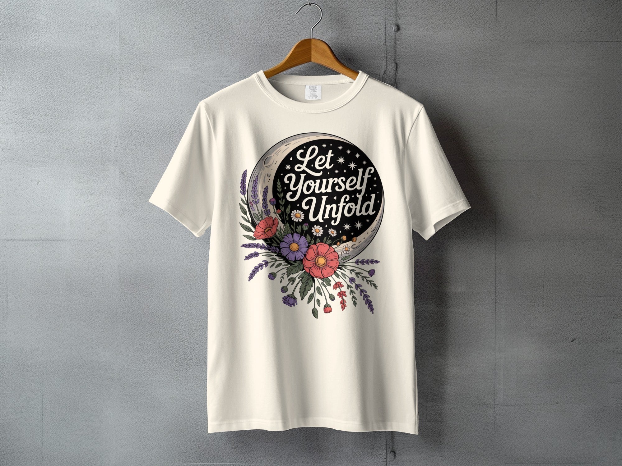 Let Yourself Unfold Moon Floral Inspirational product type
T-shirt
Graphic tee
Inspirational
Let Yourself Unfold
Moon design
Floral print
Flower art
Celestial motif
Nature theme
Bohemian style
Positive message
Lavender flowers
Daisy blooms
Starry night
Crescent moon
Empowering quote
Botanical design
Spiritual apparel
Unique gift
Self care