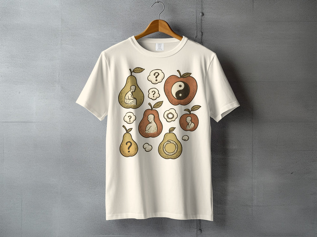 Meditating Pears Yin Yang Apple Question Marks Balance product type
Pear design
Apple graphic
Yin Yang symbol
Meditation art
Zen inspired
Spiritual design
Balance harmony
Enlightenment quest
Question mark art
Mystery symbolism
Contemplation shirt
Fruit graphic
Graphic tee
Unique artwork
Buddhist theme
Philosophy design
Mindful apparel
Thoughtful print
Symbolic clothing
Artistic shirt