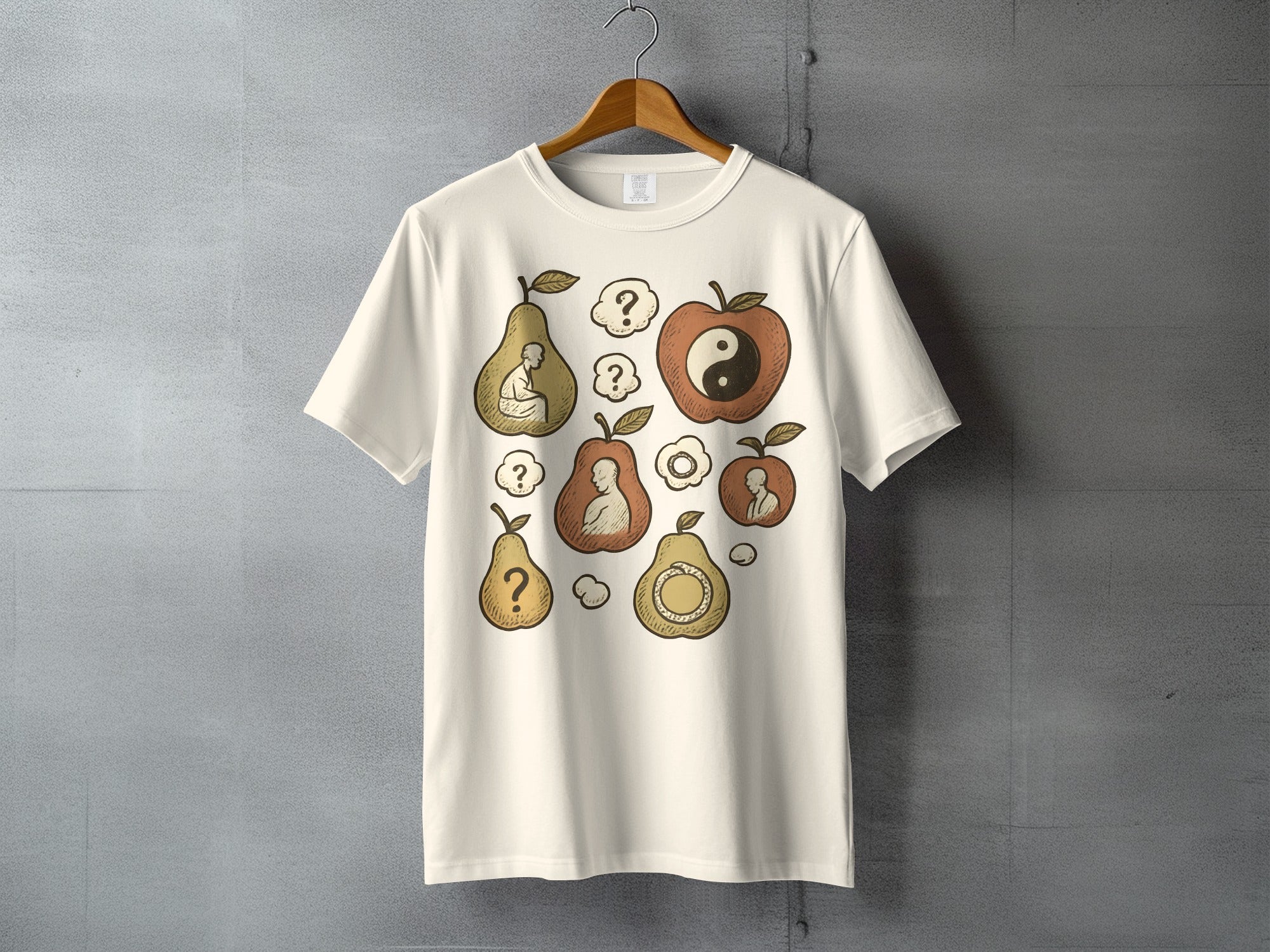 Meditating Pears Yin Yang Apple Question Marks Balance product type
Pear design
Apple graphic
Yin Yang symbol
Meditation art
Zen inspired
Spiritual design
Balance harmony
Enlightenment quest
Question mark art
Mystery symbolism
Contemplation shirt
Fruit graphic
Graphic tee
Unique artwork
Buddhist theme
Philosophy design
Mindful apparel
Thoughtful print
Symbolic clothing
Artistic shirt